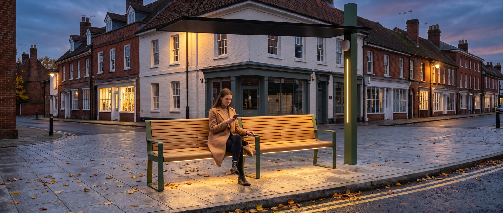 A Glyt Kerb solar bench lit warm at blue hour on an English market-town high street, with a woman charging her phone on the armrest