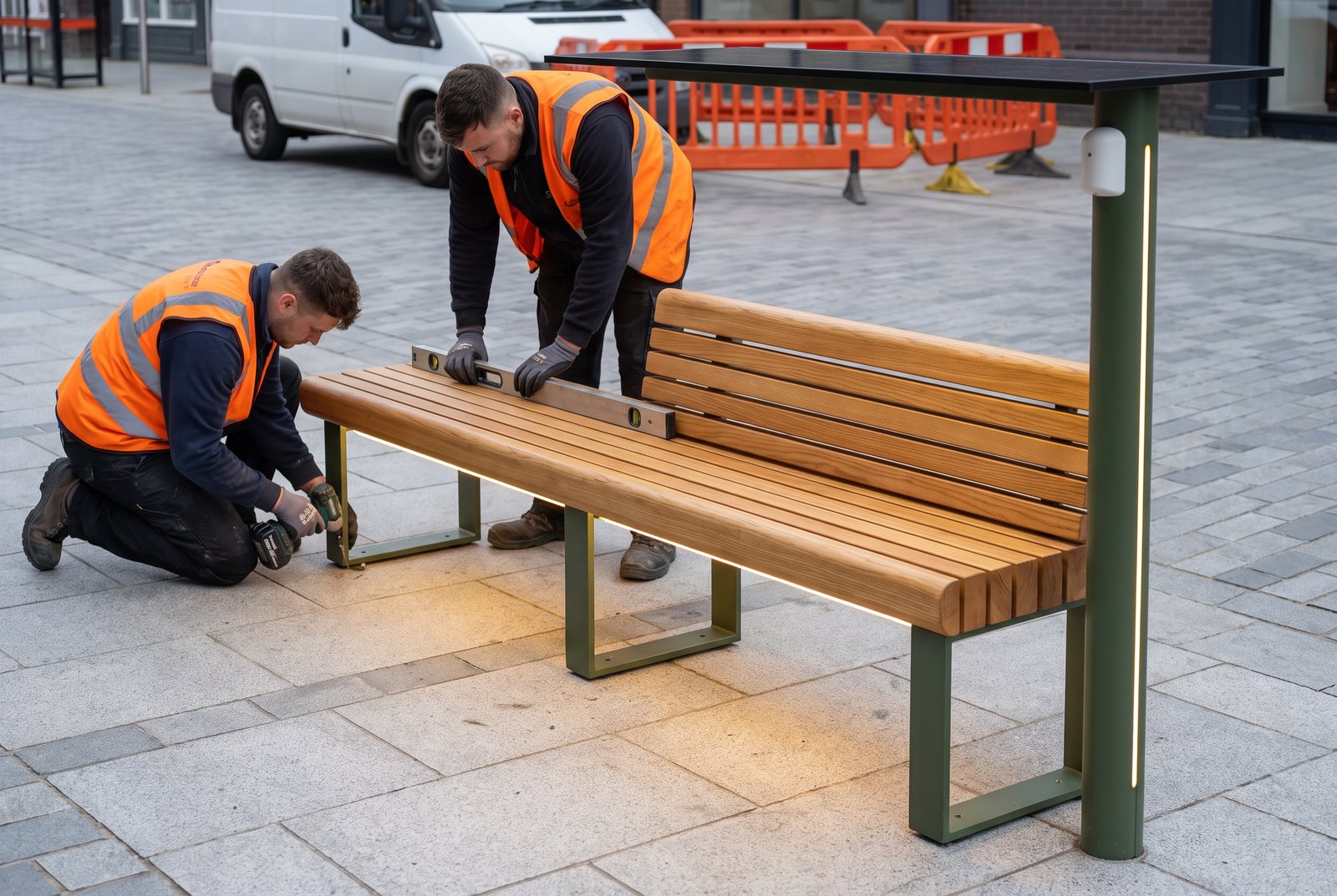 Two installers fixing a Glyt Kerb bench onto existing paving on a high street