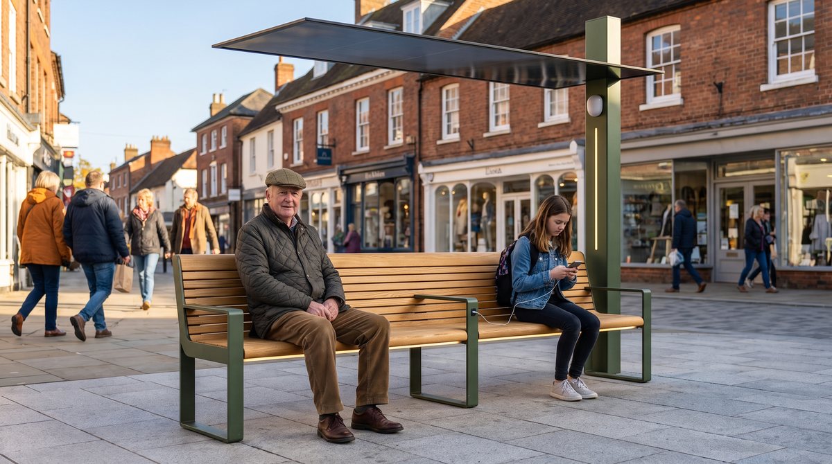 Two people on a Glyt Kerb bench on a sunny high street, one charging a phone