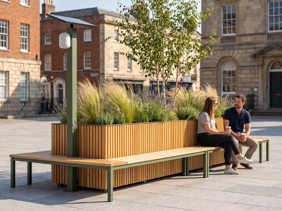Glyt Verge planter bench with grasses and a birch tree in a sunny town square
